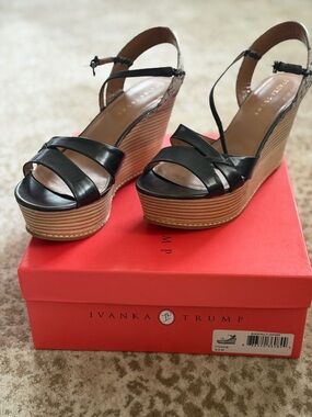 Ivanka Trump Black Leather Platform Wedge Sandals with Contrast heel